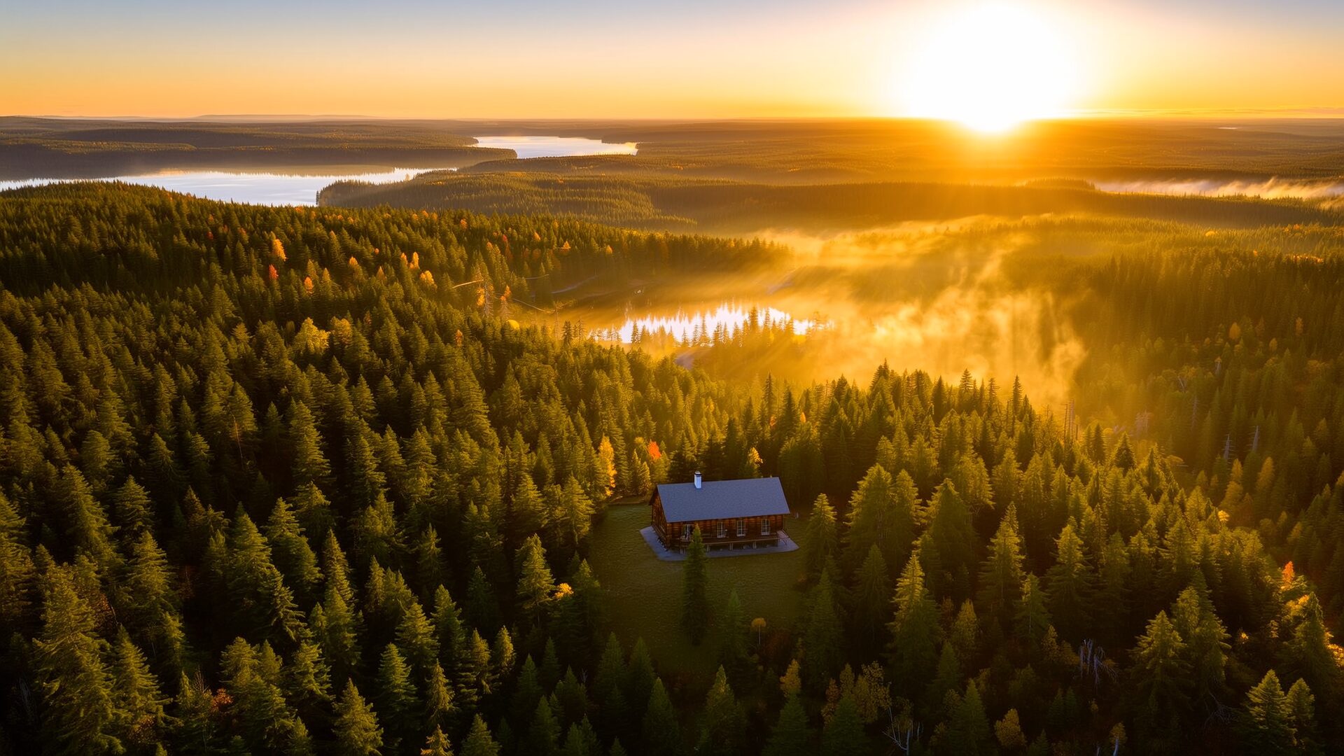 Forêt boréale du Québec vue du ciel au lever du soleil