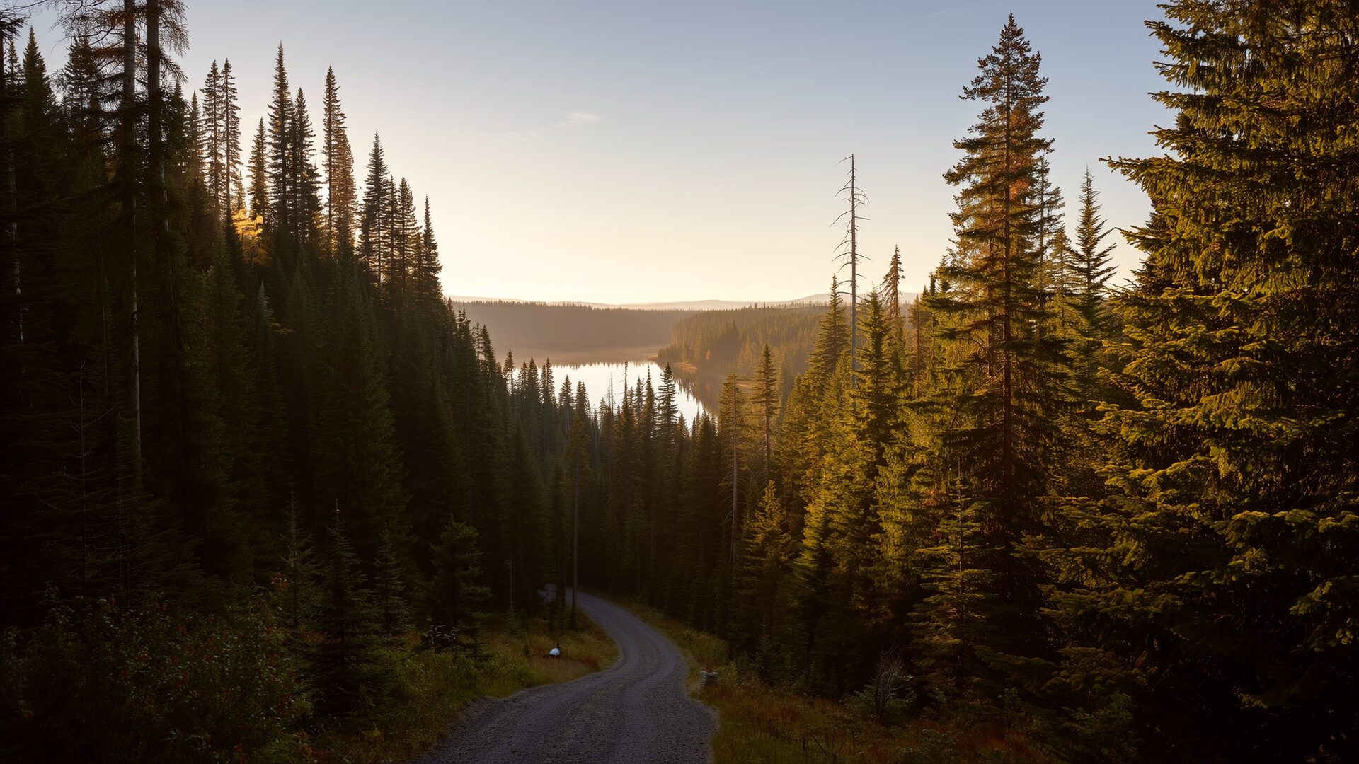 Route forestière descendant vers un lac des Laurentides au soleil couchant